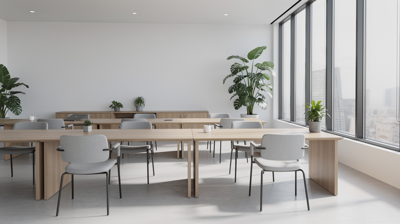 Empty modern open-plan office space with wooden desks