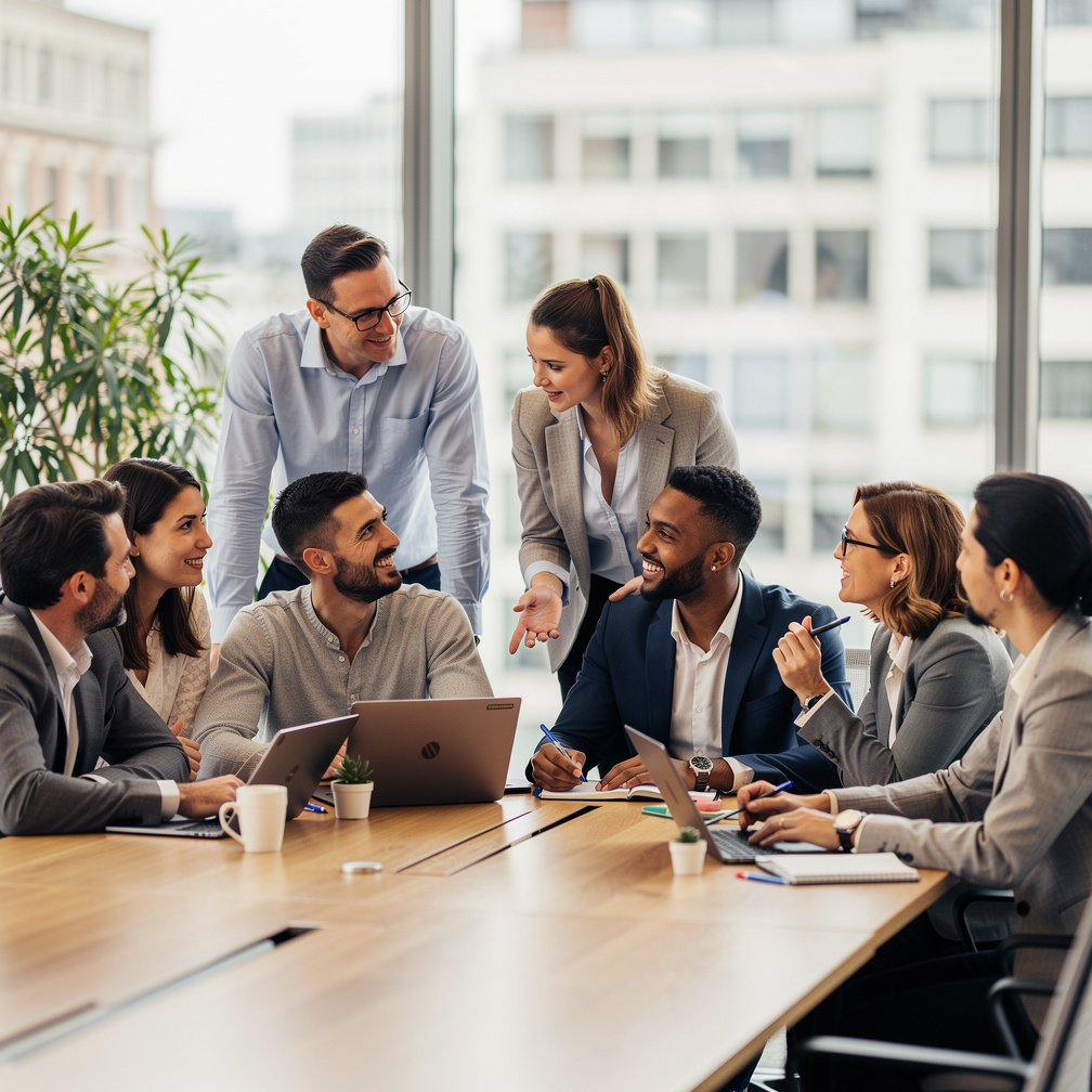 Colleagues gathered around a table discussing ideas in a bright office