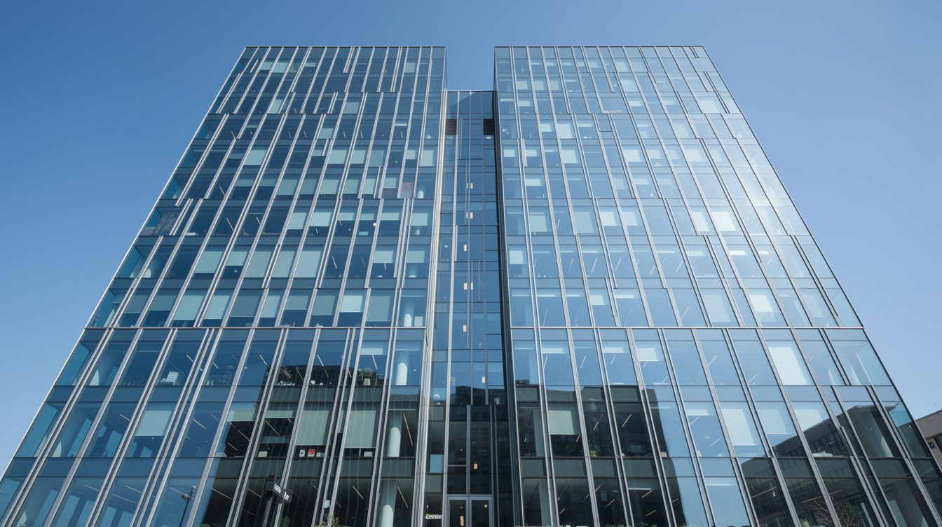 Modern glass office building facade under a clear sky